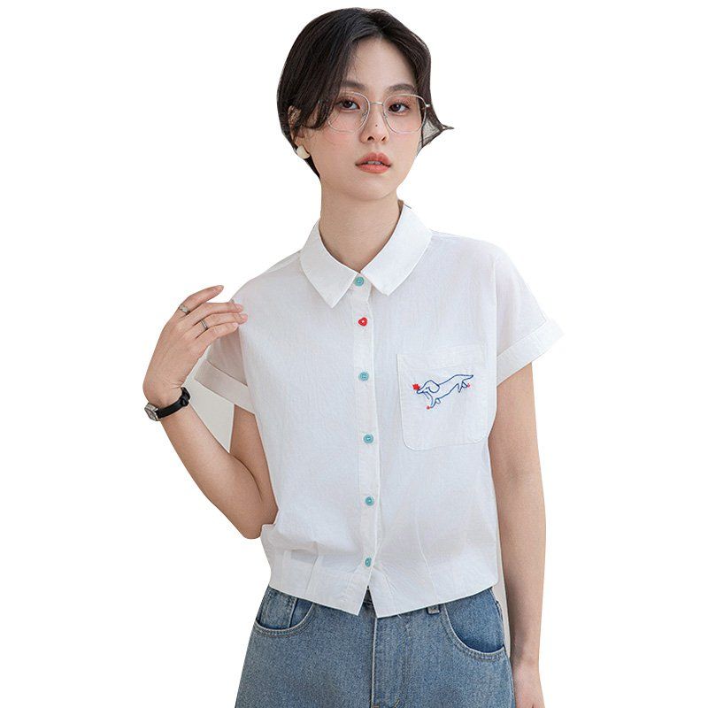 여름 간절기 여성 약간루즈핏 얇은 자수 반팔 카라 셔츠 블라우스 데일리 캐주얼룩 화이트 - 상세 이미지 5