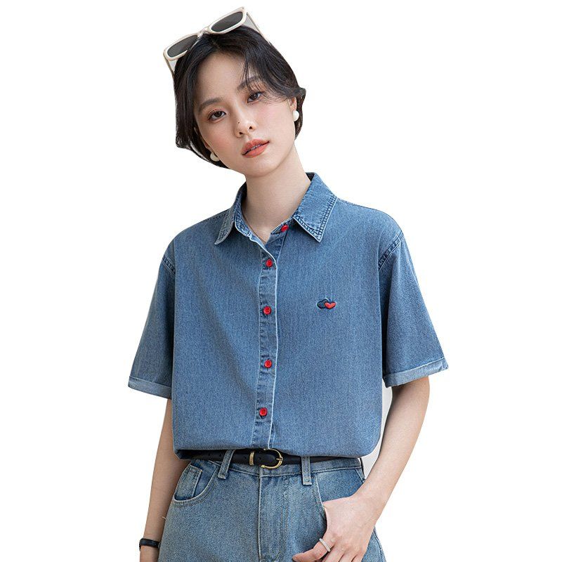 여름 간절기 여자 여유핏 얇은 청 반팔 자수 셔츠 카라 남방 데일리 캐주얼 블루 - 상세 이미지 5