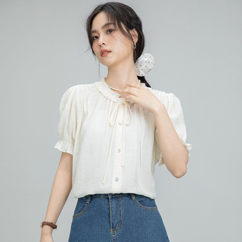 봄 여름 간절기 여성 약간루즈핏 얇은 셔링 프릴 반팔 블라우스 데일리룩 아이보리 - 상세 이미지 2