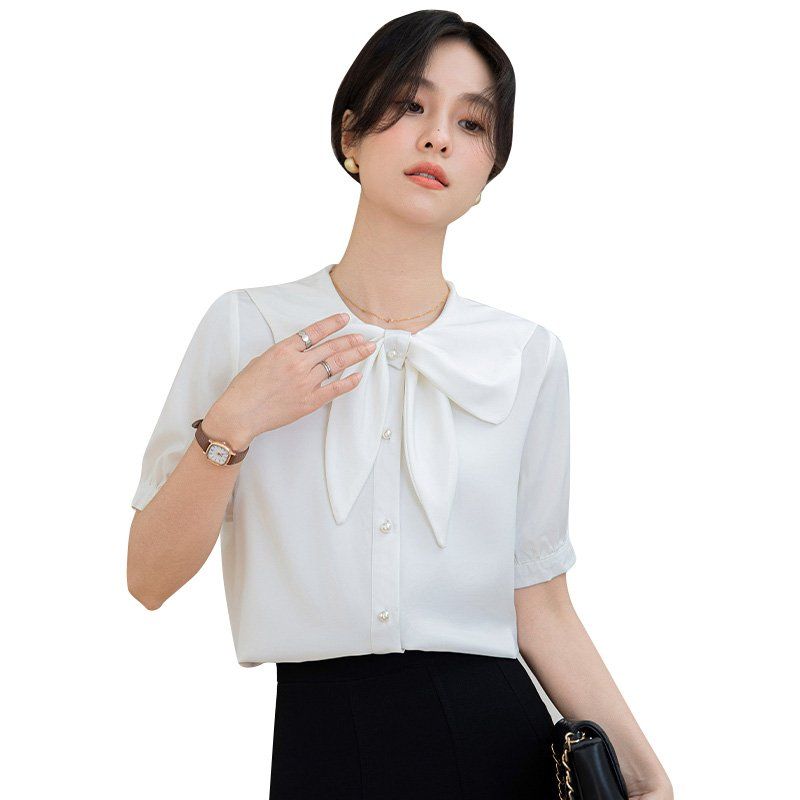 봄 여름 간절기 여성 약간루즈핏 얇은 리본타이 퍼프소매 카라 블라우스 데일리룩 화이트 - 상세 이미지 5