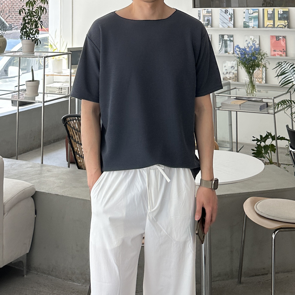 남자 반팔티 오버핏 보트넥 무지 반팔 티셔츠 - 상세 이미지 4
