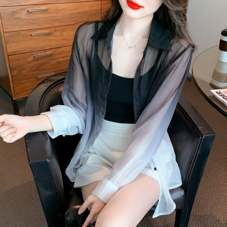 봄 여름 얇은 시스루 긴팔 카라 셔츠 여성 루즈핏 오버핏 옴브레 블라우스 데일리 코디 블랙 - 상세 이미지 3