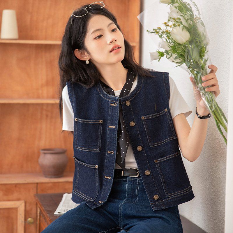 여름 간절기 여성 얇은 데님 베스트 약간 루즈핏 버튼 조끼 데일리 레이어드 딥블루 - 상세 이미지 5