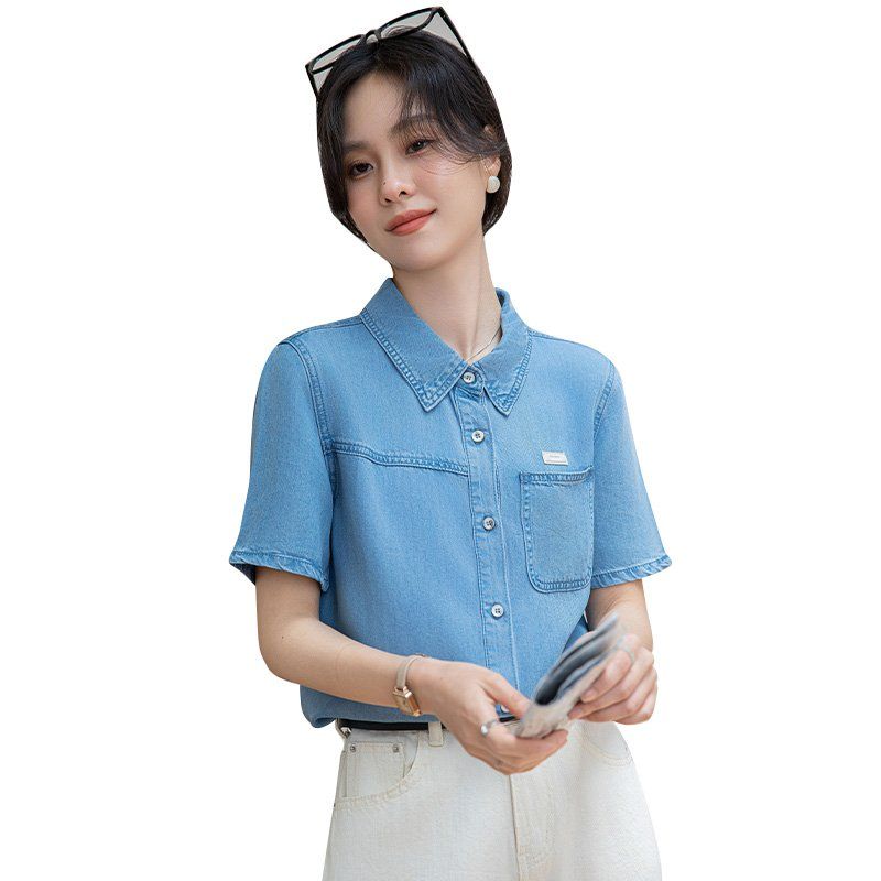 여름 간절기 여성 얇은 데님 반팔 카라 셔츠 블라우스 캐주얼 데일리 레이어드 코디 블루 - 상세 이미지 4