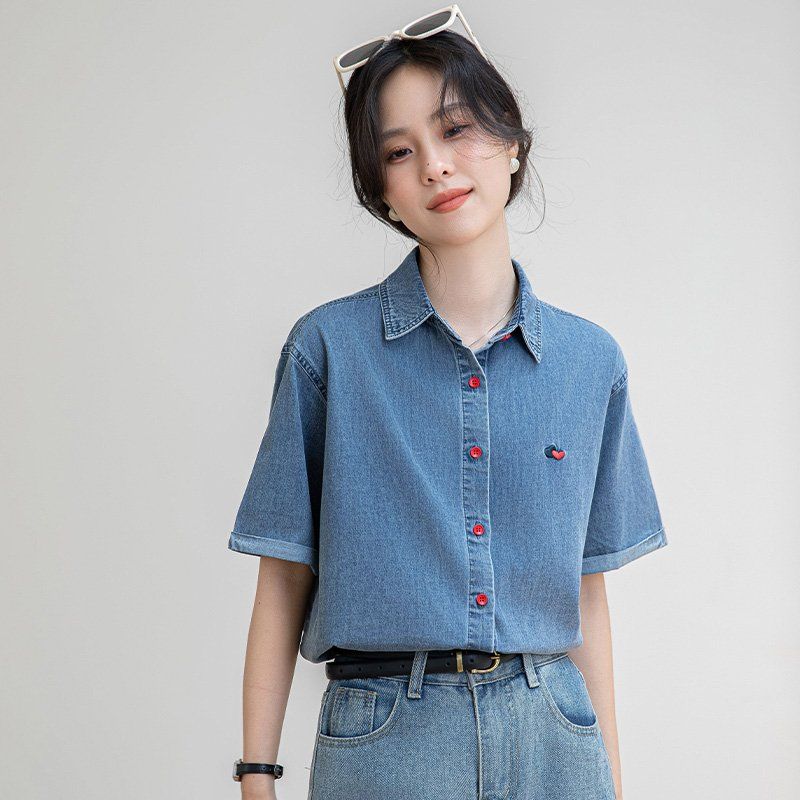 여름 간절기 여자 여유핏 얇은 청 반팔 자수 셔츠 카라 남방 데일리 캐주얼 블루 - 상세 이미지 4