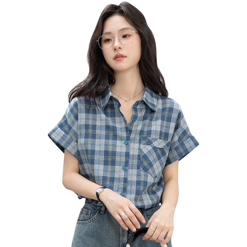 봄 여름 간절기 여성 약간루즈핏 얇은 체크 반팔 카라 셔츠 블라우스 데일리 블루 - 상세 이미지 5