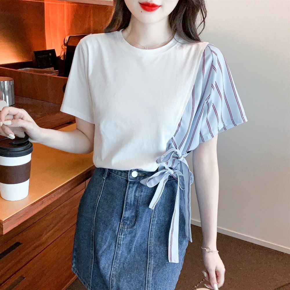 봄 여름 언발 스트라이프 배색 리본 포인트 라운드넥 반팔 티셔츠 면 혼방 기본핏 화이트 - 상세 이미지 5