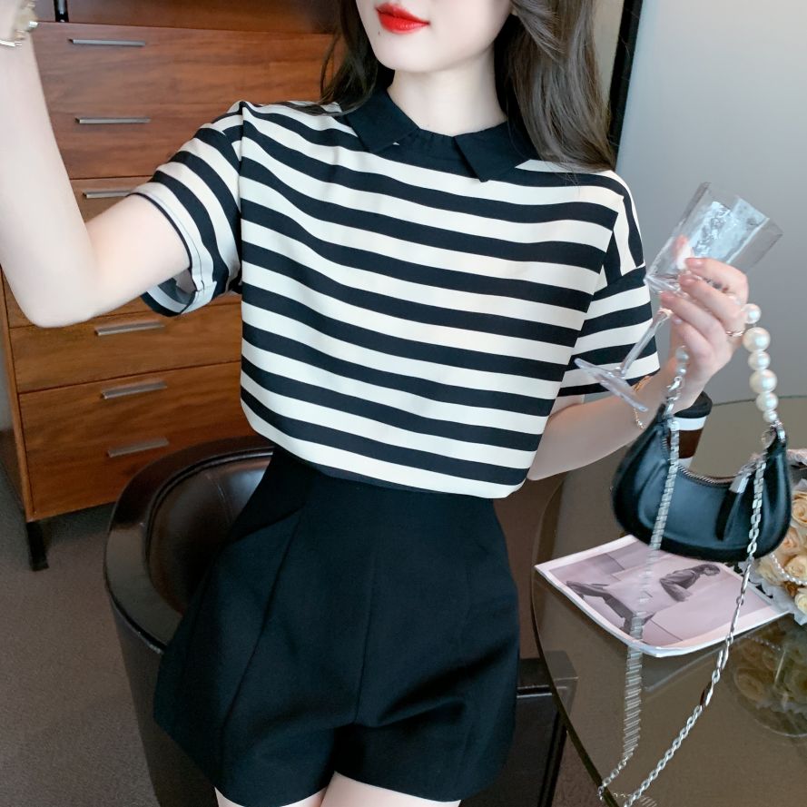 봄 여름 코리안스타일 배색 카라 스트라이프 반팔 폴로넥 티셔츠 기본핏 폴리 블랙 베이지 - 상세 이미지 3