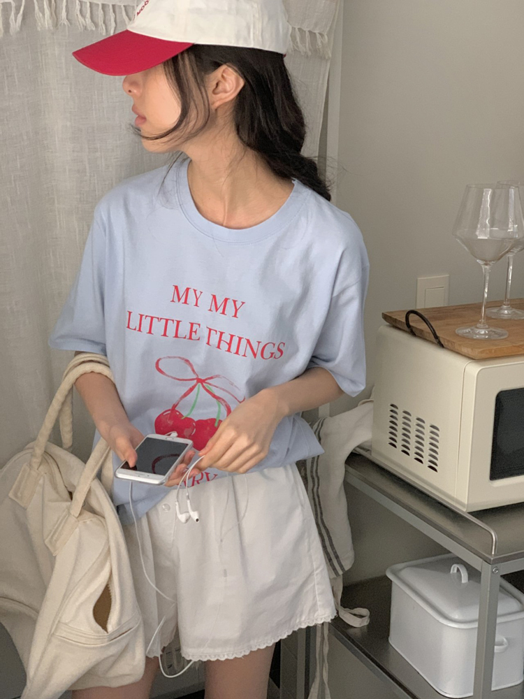 귀여운 체리 프린팅 레터링 티셔츠 루즈핏 여름 여성 티셔츠 면 라운드 기본 여자 반팔티 - 상세 이미지 4