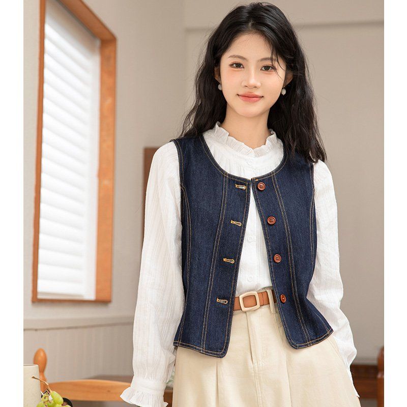 여름 간절기 여자 얇은 청 조끼 여유핏 단추 베스트 데일리 레이어드 딥블루 - 상세 이미지 4