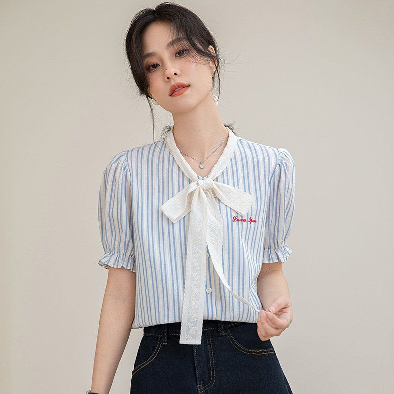 봄 여름 간절기 여성 약간루즈핏 스트라이프 리본타이 퍼프소매 블라우스 데일리룩 아이보리 - 상세 이미지 4