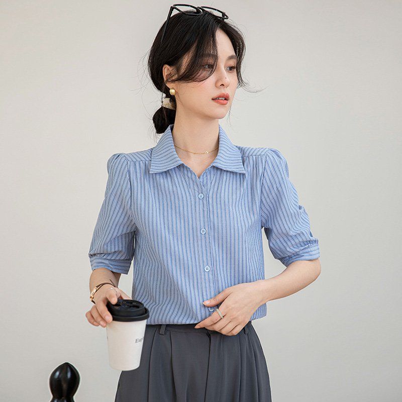 봄 여름 간절기 여자 여유핏 얇은 줄무늬 반팔 셔츠 카라 남방 데일리 캐주얼 민트 블루 - 상세 이미지 4