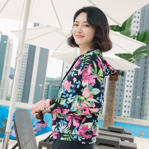 조이마담S7133 정글 플라워 후드 래쉬가드 상의 50대60대중년여성 빅사이즈수영복 - 상세 이미지 3