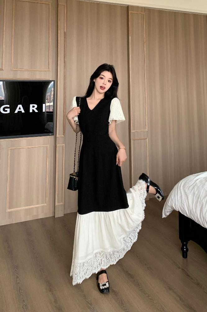 여름 빅사이즈 여성 V넥 레이스 퍼프소매 배색 A라인 롱원피스 슬림핏 데일리 하객룩 블랙 - 상세 이미지 2