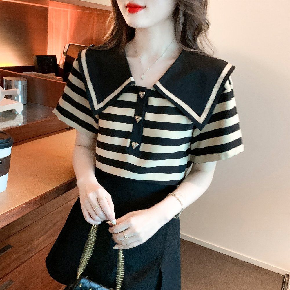 봄 여름 세일러 카라 스트라이프 반팔 티셔츠 하트 버튼 기본핏 폴리 블랙 베이지 - 상세 이미지 4