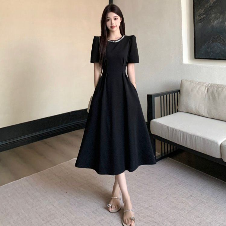 여름 빅사이즈 여성 비즈 라운드넥 퍼프소매 나비패턴 A라인 롱원피스 데일리 바캉스룩 블랙 - 상품 이미지