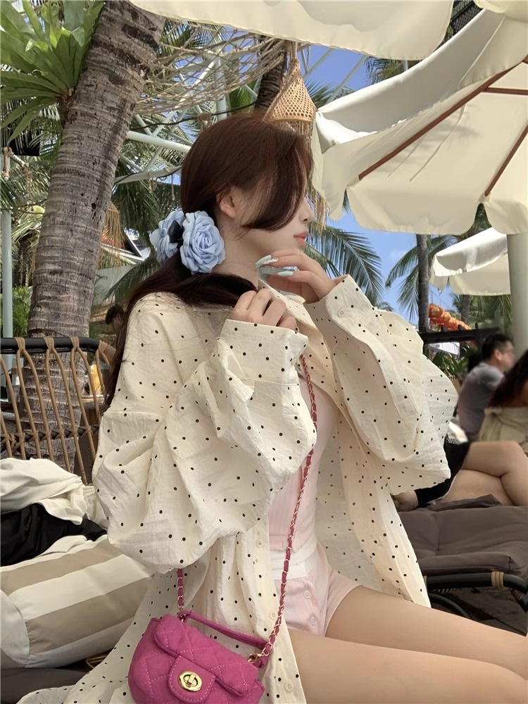 땡땡이 루즈핏 아이보리화이트셔츠 수영장 자외선차단 여름 얇은 아우터 예쁜 디자인 - 상세 이미지 2