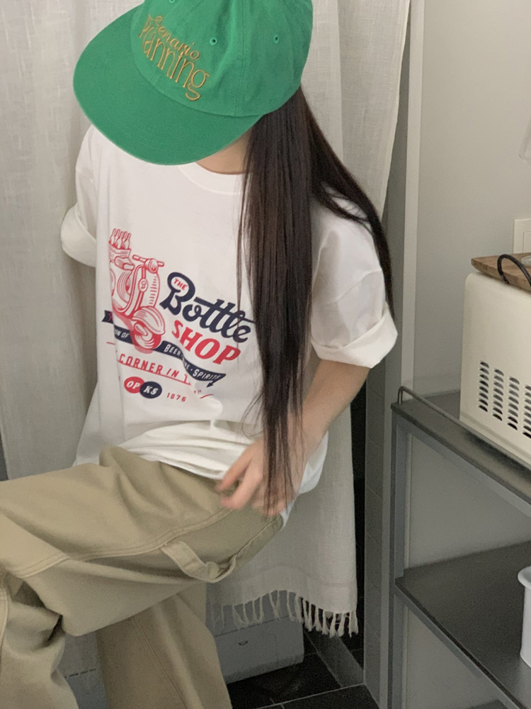 루즈핏 바이크 프린팅 레터링 티셔츠 여름 여성 티셔츠 면 라운드 기본 여자 반팔티 - 상세 이미지 4