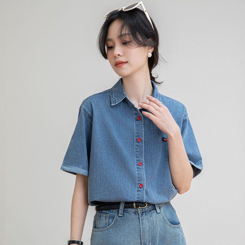 여름 간절기 여자 여유핏 얇은 청 반팔 자수 셔츠 카라 남방 데일리 캐주얼 블루 - 상세 이미지 3