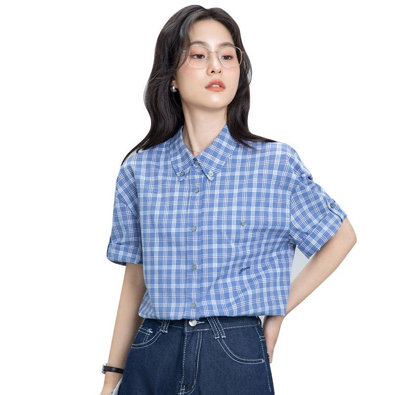 여름 간절기 여성 약간루즈핏 얇은 체크 반팔 카라 셔츠 블라우스 데일리룩 블루 - 상세 이미지 5