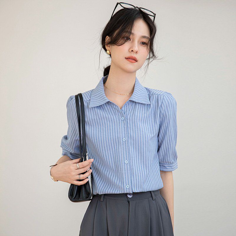 봄 여름 간절기 여자 여유핏 얇은 줄무늬 반팔 셔츠 카라 남방 데일리 캐주얼 민트 블루 - 상세 이미지 3