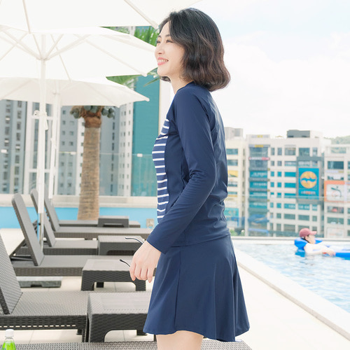 조이마담S7122 단가라 배색 수영복 세트 50대60대중년여성 빅사이즈래쉬가드 - 상세 이미지 3