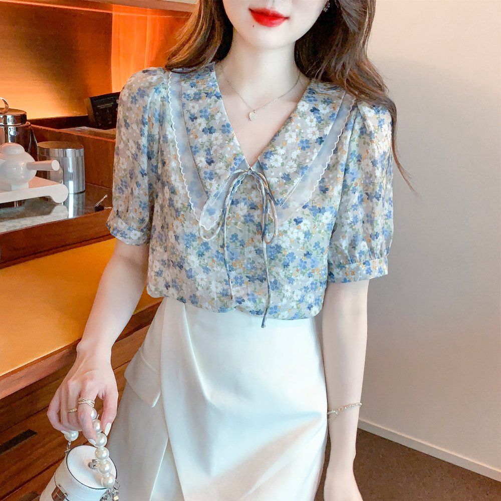봄 여름 플로럴 배색 카라 리본 V넥 반팔 블라우스 퍼프소매 쉬폰 폴리 아이보리 플라워 - 상세 이미지 4