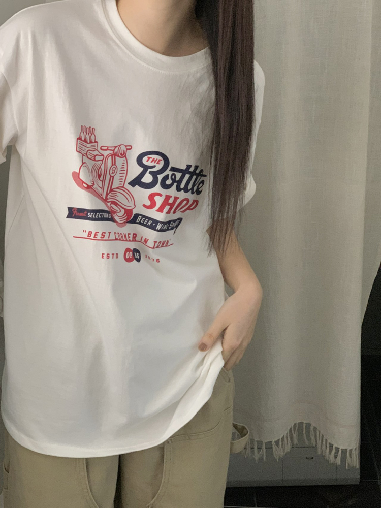 루즈핏 바이크 프린팅 레터링 티셔츠 여름 여성 티셔츠 면 라운드 기본 여자 반팔티 - 상세 이미지 3