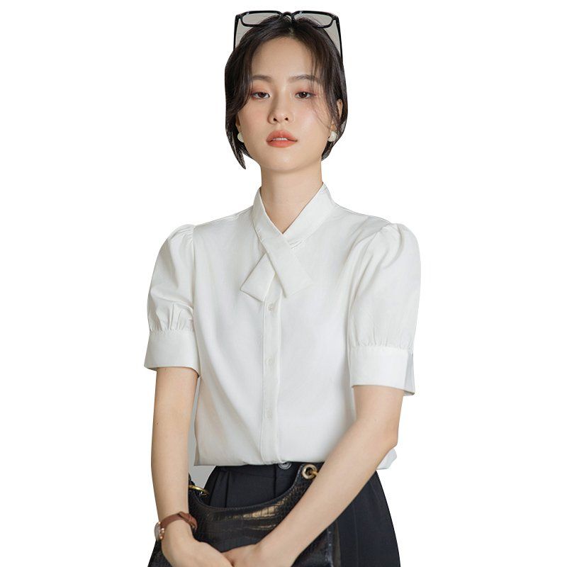 봄 여름 간절기 여성 약간루즈핏 얇은 핀턱 퍼프소매 카라 블라우스 데일리룩 화이트 - 상세 이미지 5