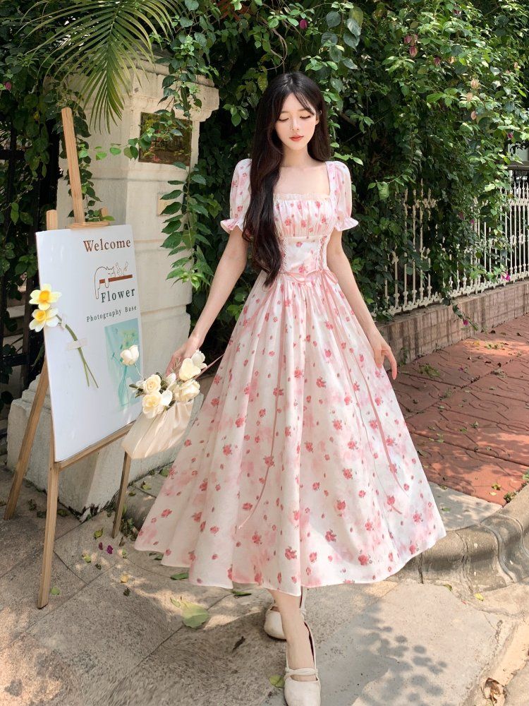 여름 빅사이즈 여성 스퀘어넥 퍼프소매 플라워 잔꽃무늬 A라인 롱원피스 데일리 바캉스룩 핑크 - 상세 이미지 2