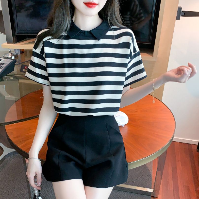 봄 여름 코리안스타일 배색 카라 스트라이프 반팔 폴로넥 티셔츠 기본핏 폴리 블랙 베이지 - 상세 이미지 4