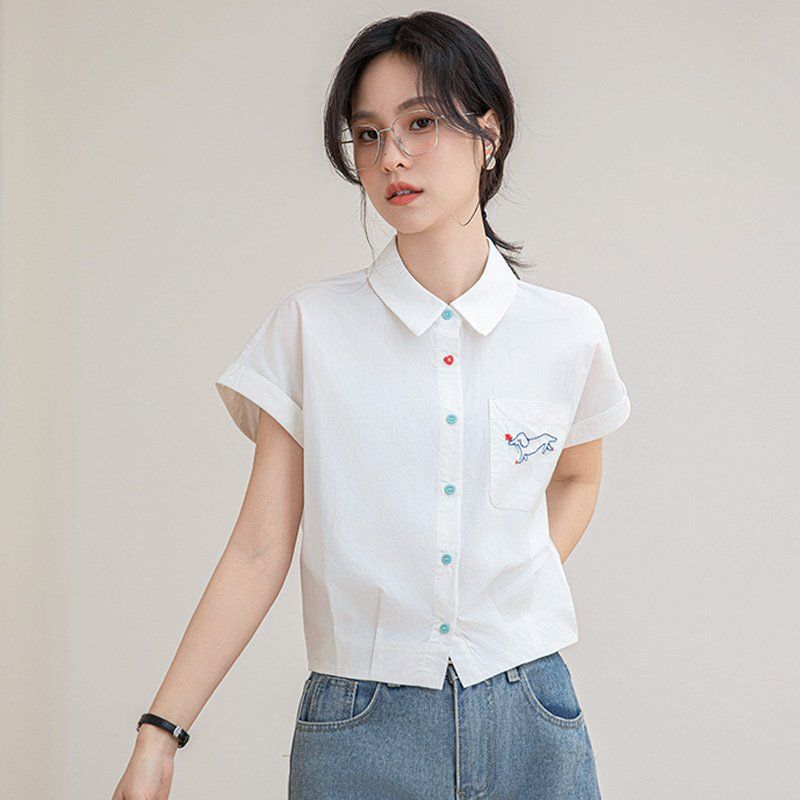 여름 간절기 여성 약간루즈핏 얇은 자수 반팔 카라 셔츠 블라우스 데일리 캐주얼룩 화이트 - 상세 이미지 4