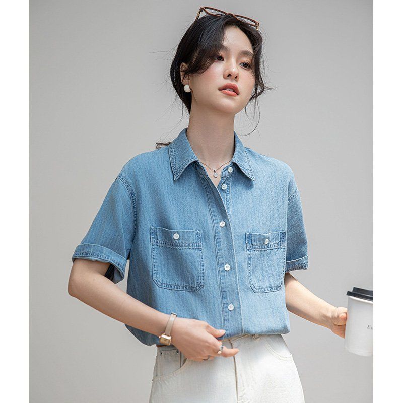 여름 간절기 여성 약간 루즈핏 얇은 데님 반팔 카라 셔츠 블라우스 캐주얼 데일리 블루 - 상세 이미지 3