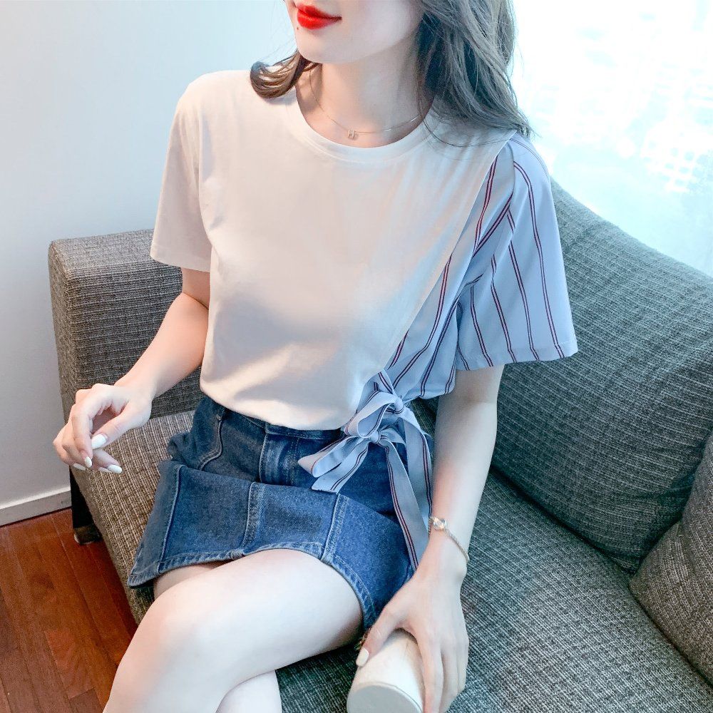 봄 여름 언발 스트라이프 배색 리본 포인트 라운드넥 반팔 티셔츠 면 혼방 기본핏 화이트 - 상세 이미지 2