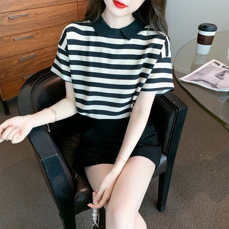 봄 여름 코리안스타일 배색 카라 스트라이프 반팔 폴로넥 티셔츠 기본핏 폴리 블랙 베이지 - 상세 이미지 2