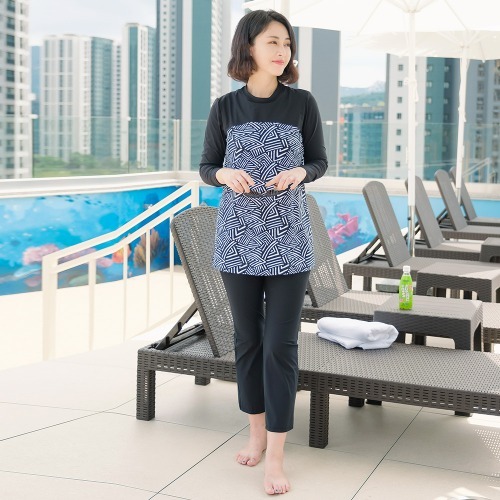 조이마담S7129 미로배색 A라인 수영복 세트 50대60대중년여성 빅사이즈래쉬가드 - 메인 이미지