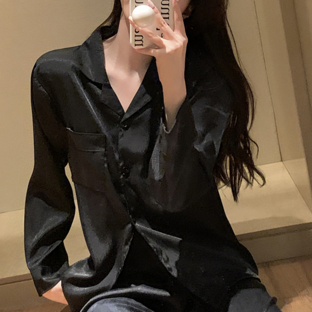 긴팔잠옷 2color 퍼플 블랙 셔츠형 카라 홈웨어 세트 파자마 이미지 7
