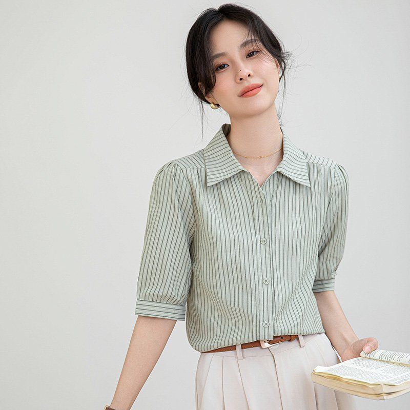 봄 여름 간절기 여자 여유핏 얇은 줄무늬 반팔 셔츠 카라 남방 데일리 캐주얼 민트 블루 - 상세 이미지 2