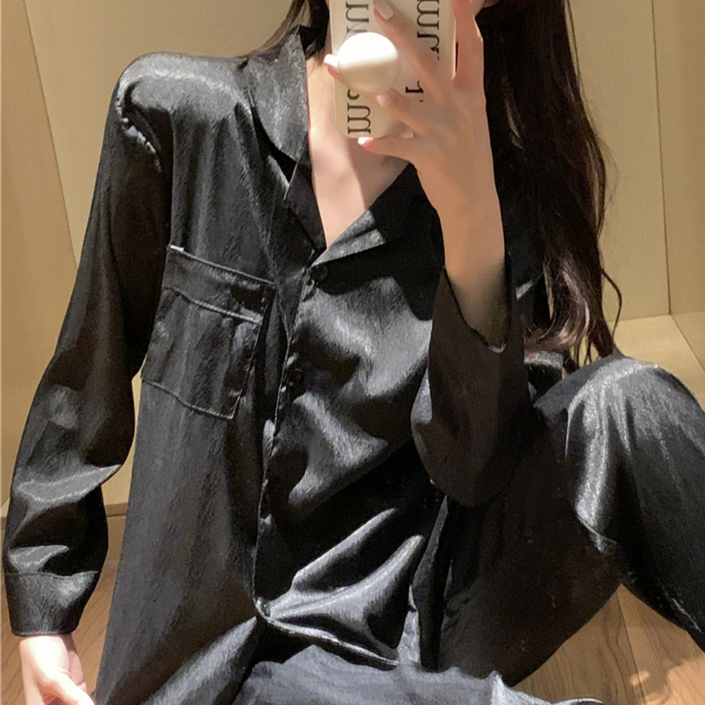 긴팔잠옷 2color 퍼플 블랙 셔츠형 카라 홈웨어 세트 파자마 이미지 8