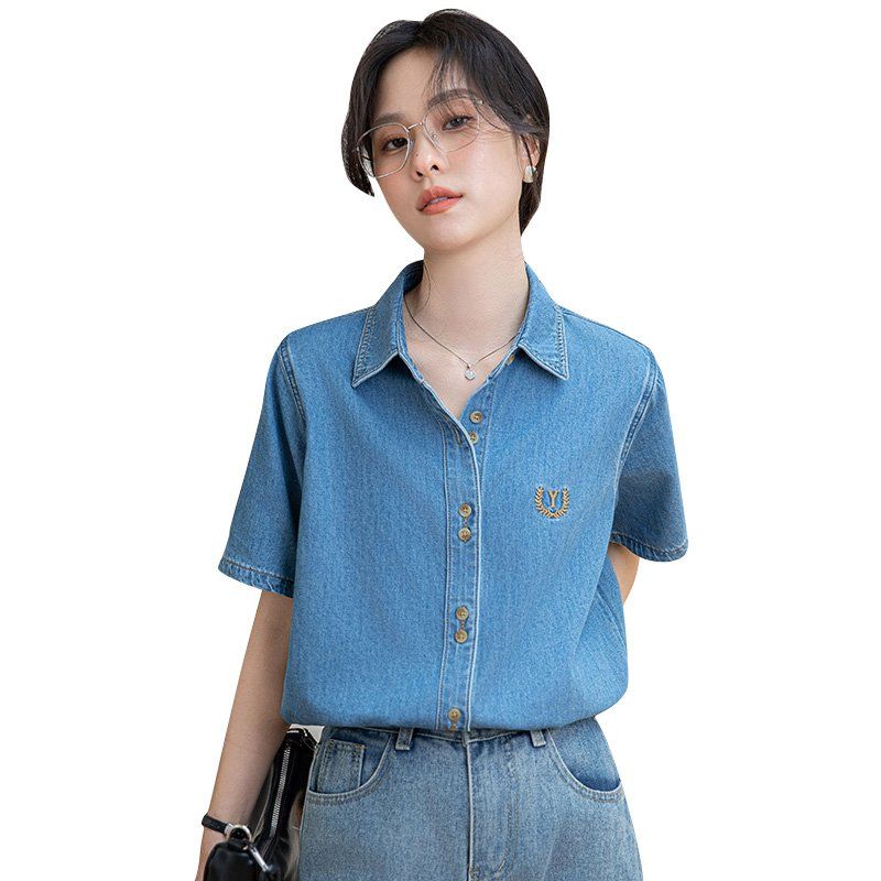 여름 간절기 여성 약간 루즈핏 얇은 데님 반팔 자수 카라 셔츠 데일리 블라우스 블루 - 상세 이미지 5