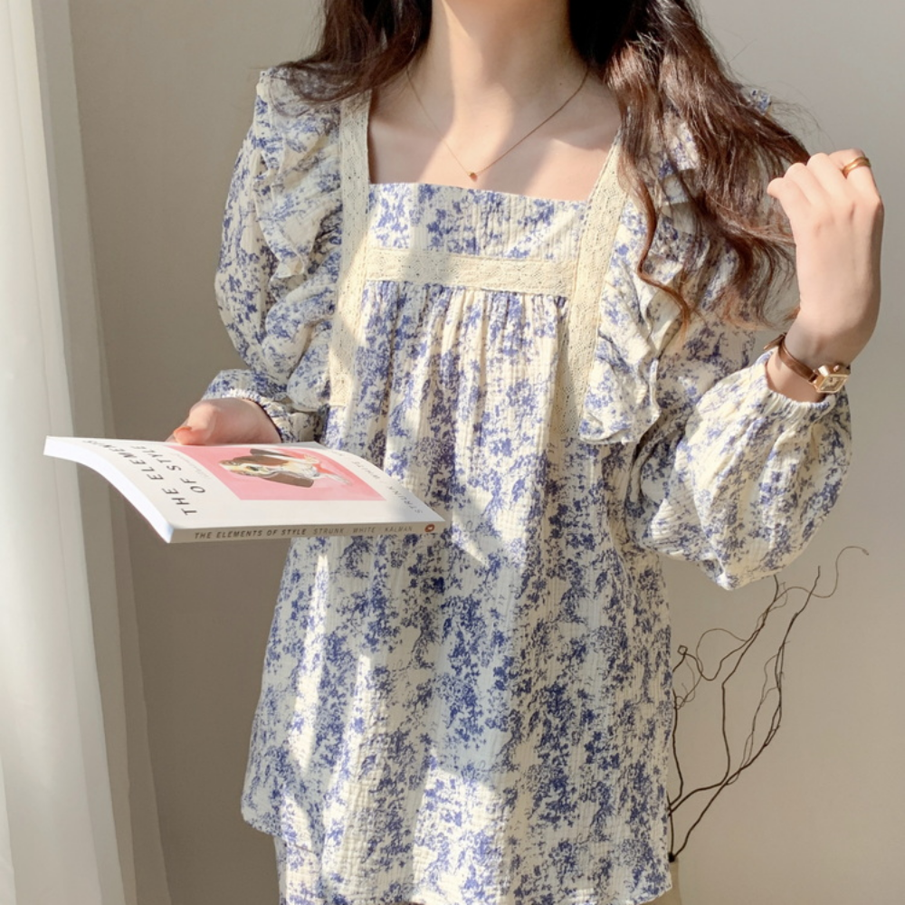 요루면커플잠옷 뜨왈 신혼부부 레이스 긴팔 홈웨어 파자마 세트 - 상세 이미지 2