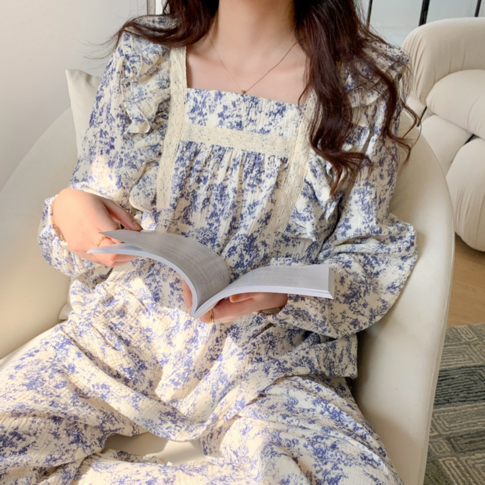 요루면커플잠옷 뜨왈 신혼부부 레이스 긴팔 홈웨어 파자마 세트 - 상세 이미지 5