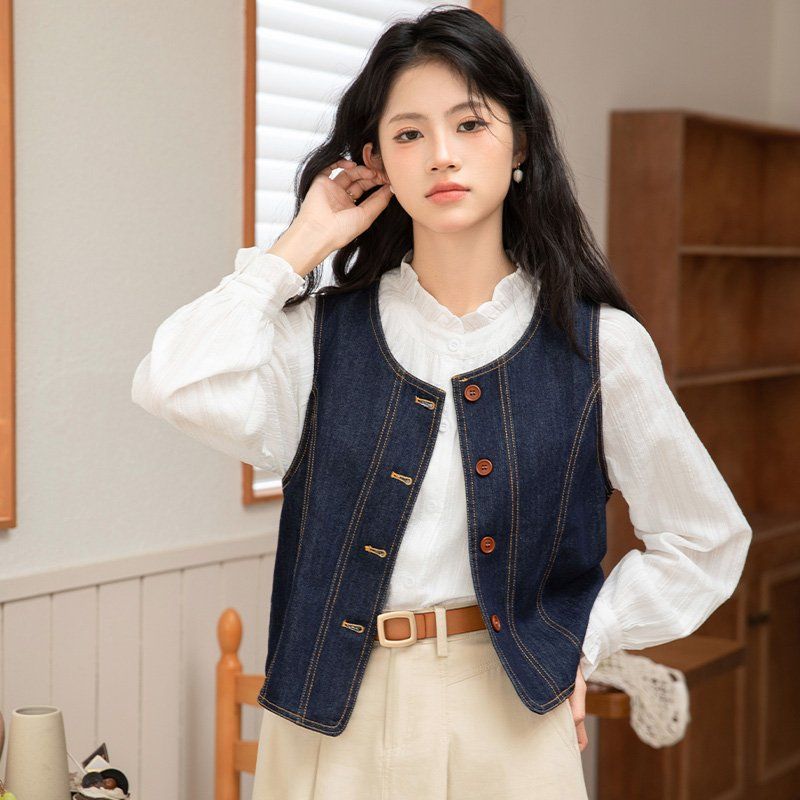 여름 간절기 여자 얇은 청 조끼 여유핏 단추 베스트 데일리 레이어드 딥블루 - 상세 이미지 2