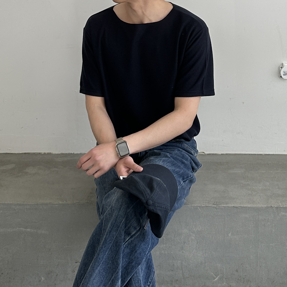 남자 오버핏 반팔 구김없는 보트넥 여름 남자 반팔 티셔츠 - 상세 이미지 5