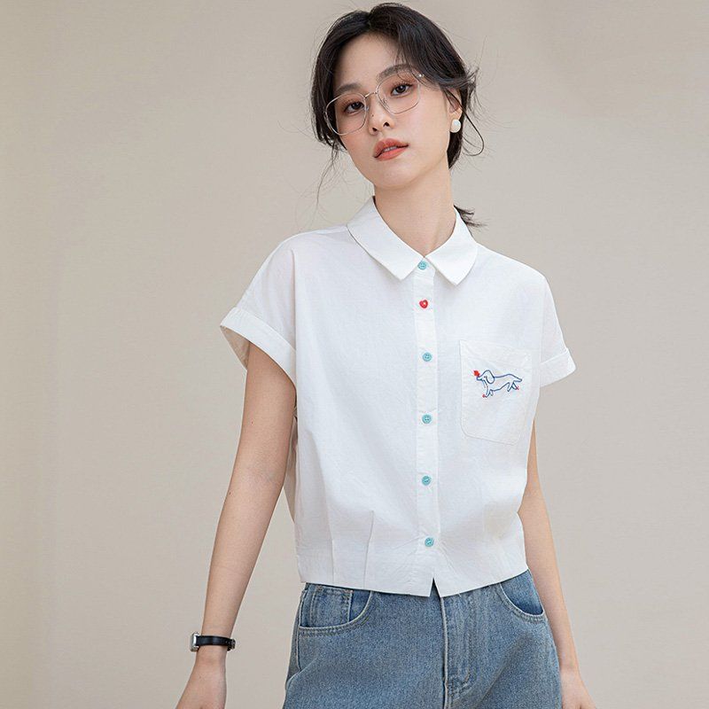 여름 간절기 여성 약간루즈핏 얇은 자수 반팔 카라 셔츠 블라우스 데일리 캐주얼룩 화이트 - 상세 이미지 3