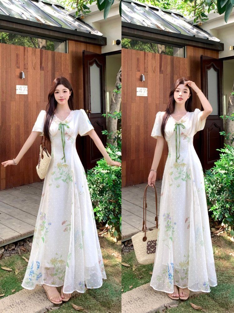 봄 여름 빅사이즈 슬림핏 플로럴 프릴 리본 롱 원피스 V넥 반팔 쉬폰느낌 폴리 아이보리 - 상세 이미지 5