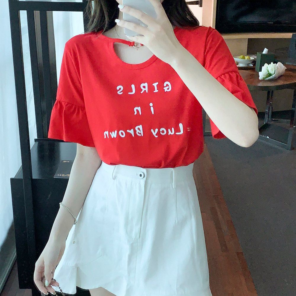 여름 루즈핏 여리여리 라운드넥 트임 링 포인트 셔링 프릴 반팔 티셔츠 코튼 데일리 탑 레드 - 상세 이미지 3