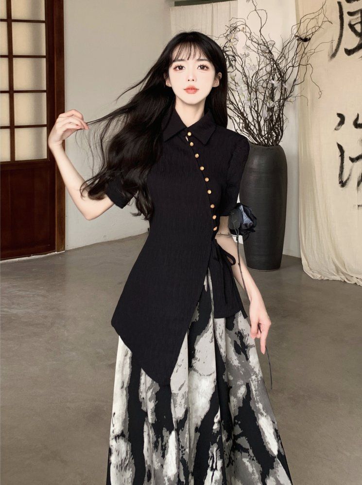 봄 여름 빅사이즈 언발란스 셔츠 나염 롱 스커트 투피스 세트 쉬폰 A라인 블랙 - 상세 이미지 2