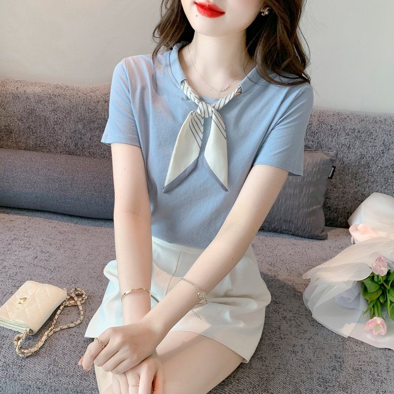 봄 여름 기본핏 스카프 배색 라운드넥 데일리 반팔 티셔츠 면 스카이블루 - 상세 이미지 2