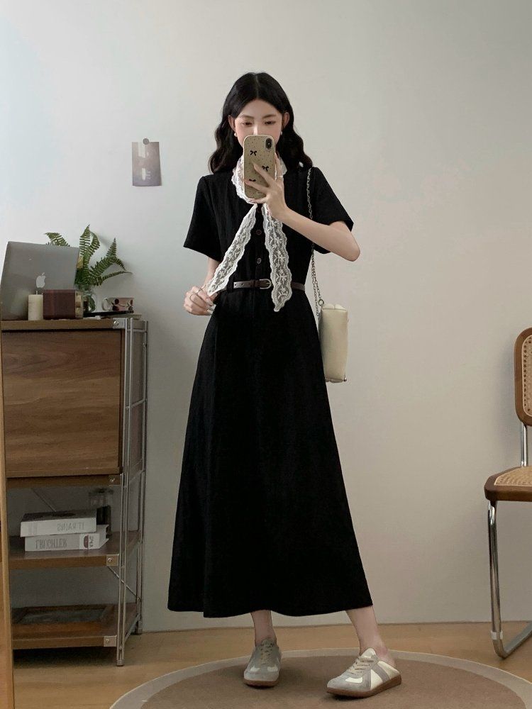 봄 여름 빅사이즈 A라인 레이스 스카프 벨트 세트 롱 원피스 V넥 반팔 폴리 블랙 - 상세 이미지 3